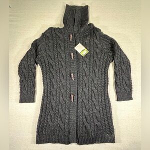 British Wool Women's XL Cowl Neck Grey Cable Knit Toggle Buttons NWTs Sweater UK